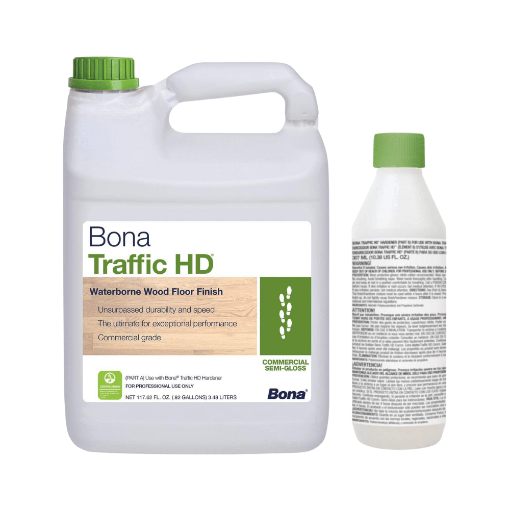 Bona Traffic HD commercial-grade waterborne wood floor finish, gallon jug with its hardener bottle