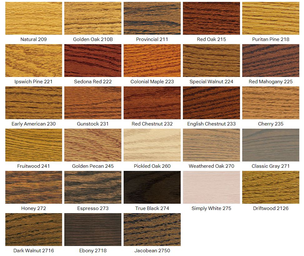Additional stain color chart: Natural, Golden Oak, Provincial, Red Oak, Puritan Pine, Ipswich Pine, Sedona Red, Colonial Maple, Special Walnut, Red Mahogany, Early American, Gunstock, Red Chestnut, English Chestnut, Cherry, Fruitwood, Golden Pecan, Pickled Oak, Weathered Oak, Classic Gray, Honey, Espresso, True Black, Simply White, Driftwood, Dark Walnut, Ebony, Jacobean