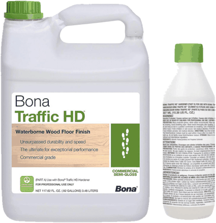 Bona Traffic HD commercial-grade waterborne floor finish, gallon jug with its hardener bottle