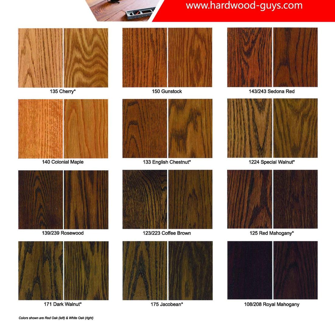 Hardwood stain color chart shown on red oak and white oak samples