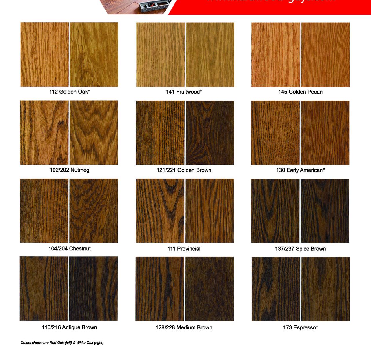 Hardwood stain color chart, second panel, shown on red oak and white oak samples