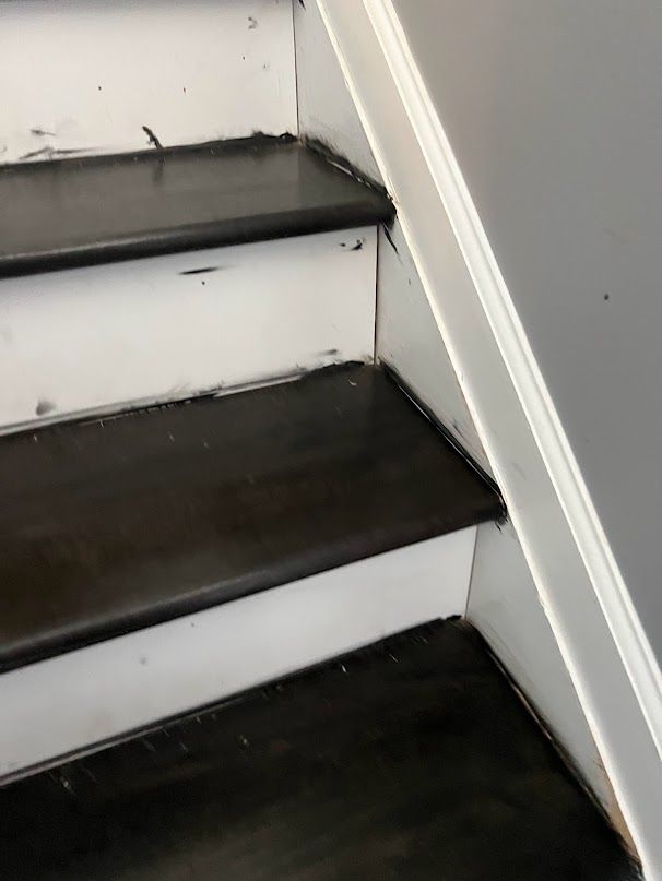 Dark stain marks on the white risers and skirt board — normal; your painter fills and paints these.