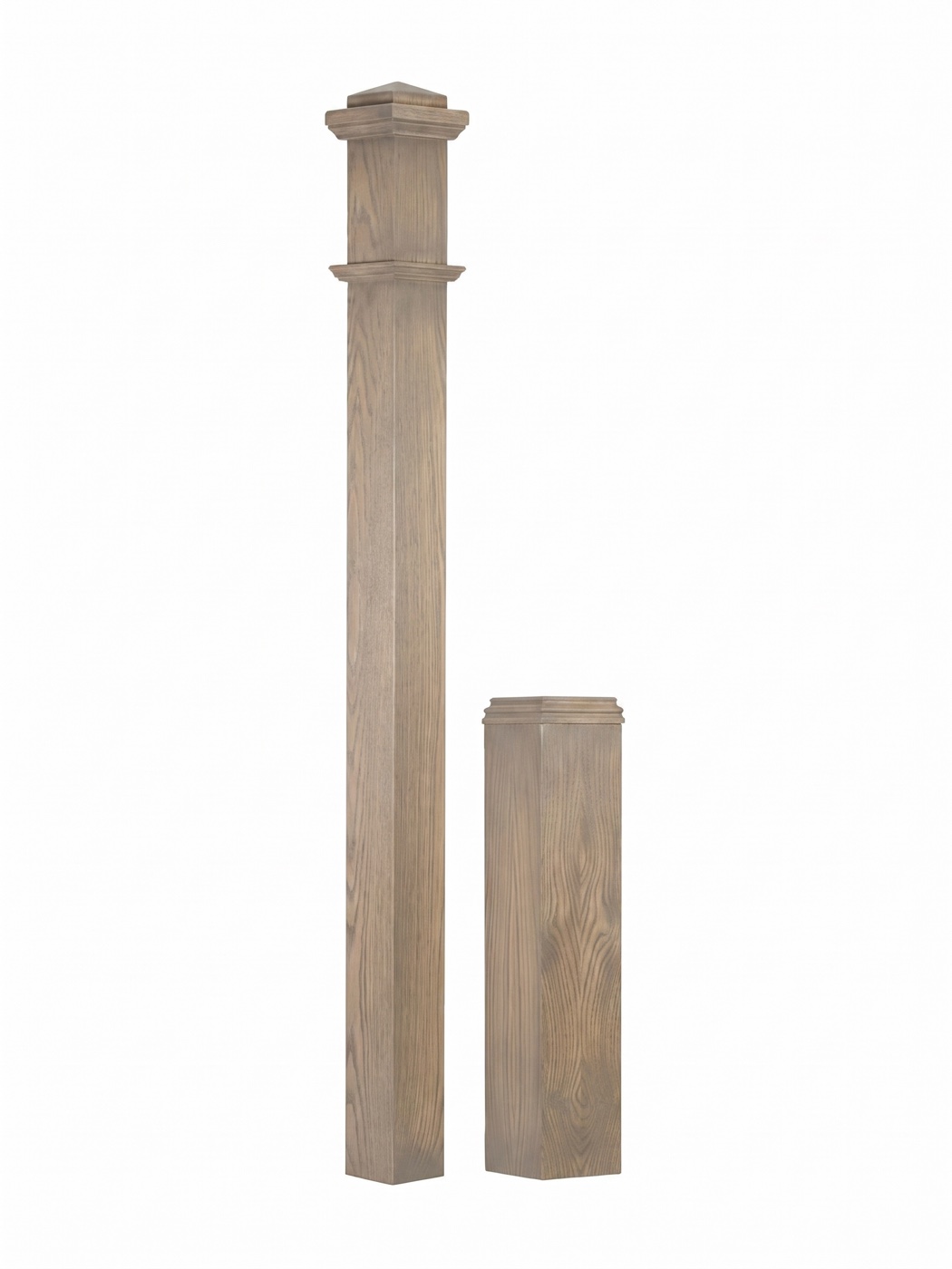 Square newel post shaft beside its separate molded base block