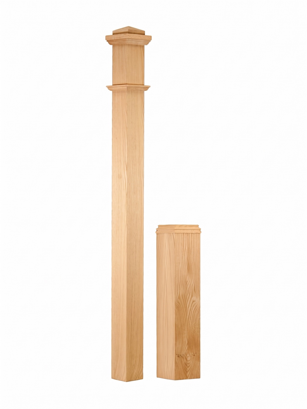 Square newel post shaft beside its separate molded base block