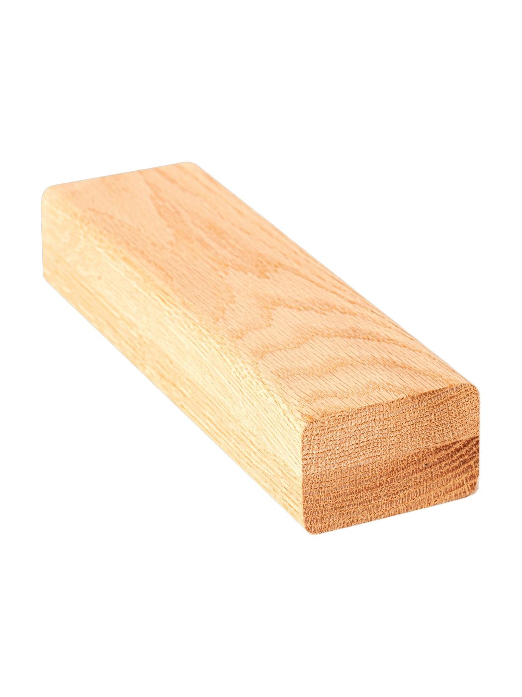 Craftsman-profile white oak stair handrail, square-edged, unfinished