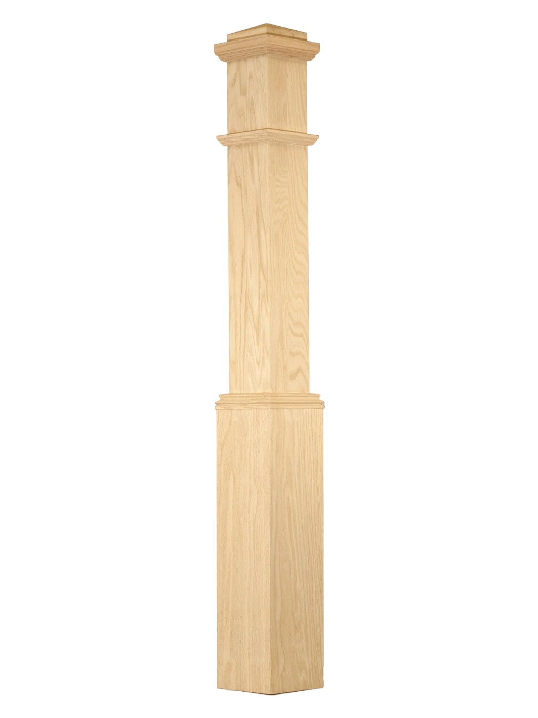 Adjustable red oak box newel post with a wide 7-inch base, unfinished