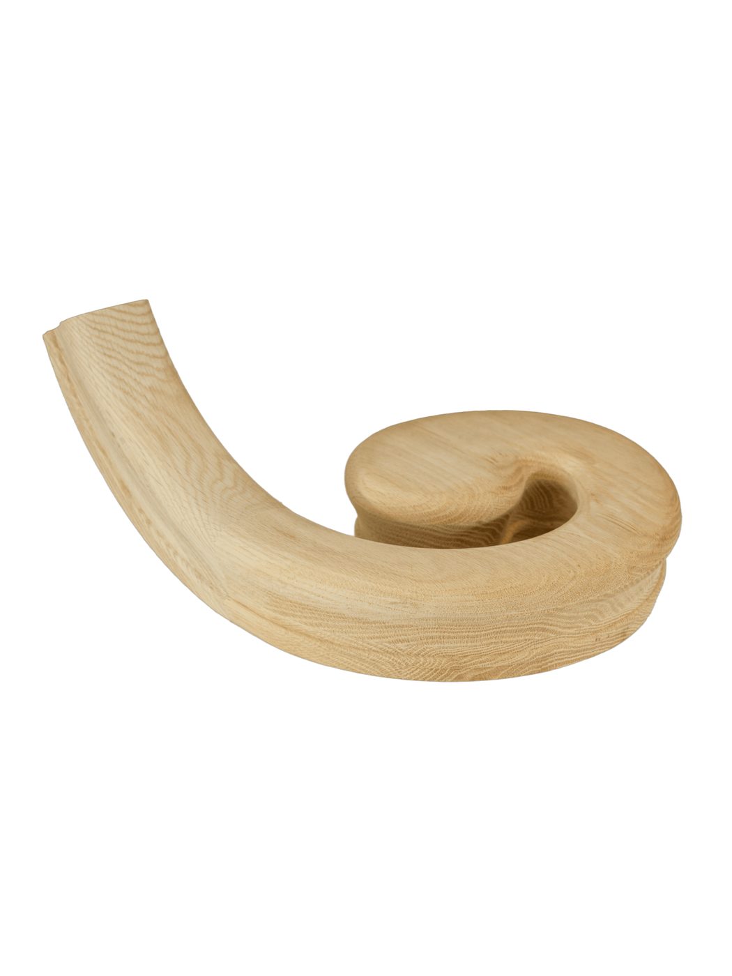 Red oak handrail fittings: a spiral volute end cap and three curved turnout and easing sections of varying radius, unfinished