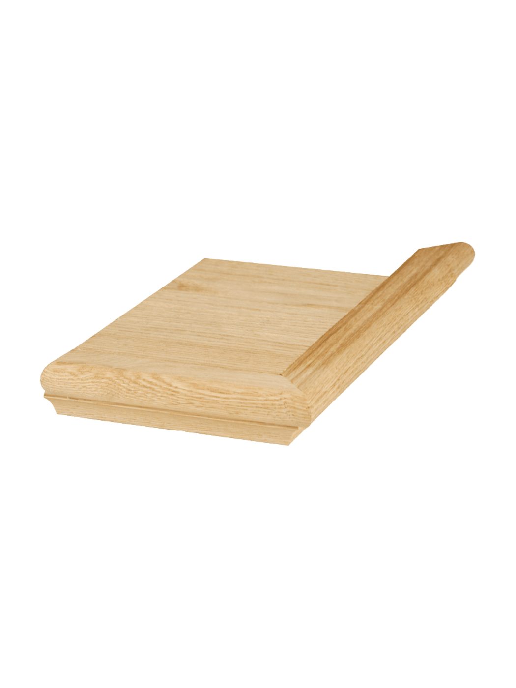Red oak retro tread cap with a rounded front nosing and a grooved underside for overlaying an existing stair tread, unfinished