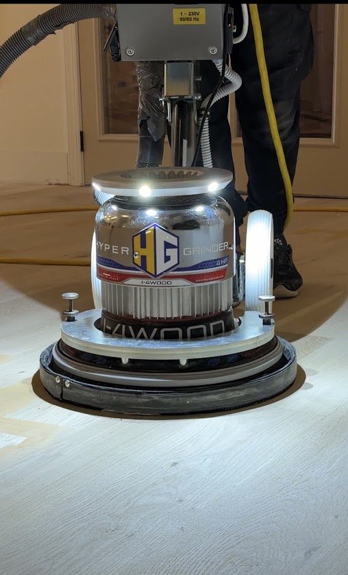 Close-up of the Hyper Grinder HG 4 HP planetary sanding head by I-4WOOD, showing the LED work light ring and dust-extraction port