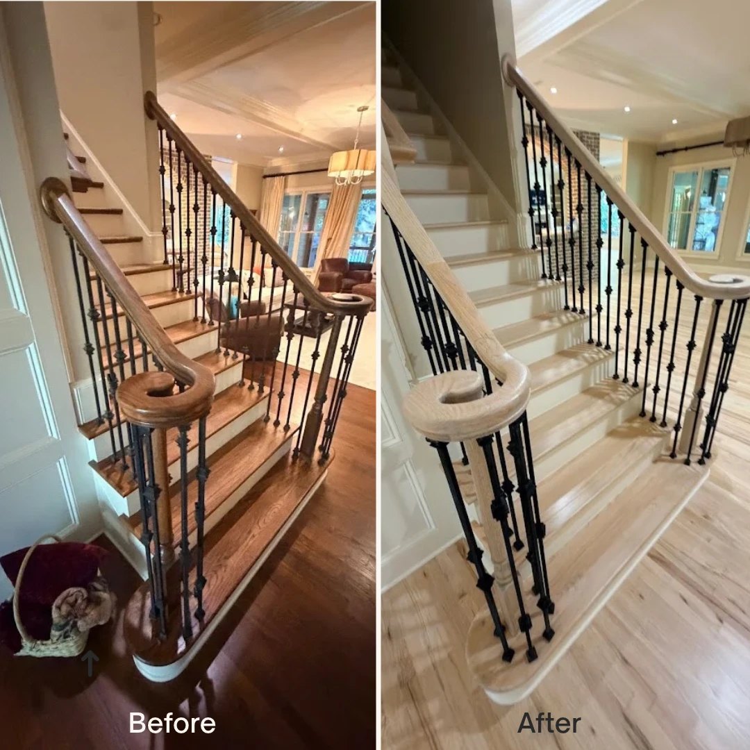 Before and after photo of one staircase. On the left, the treads, handrail and floor are a dark brown stain with black iron balusters. On the right, the same staircase has light natural-colored treads, handrail, newel and floor, and the same black iron balusters.