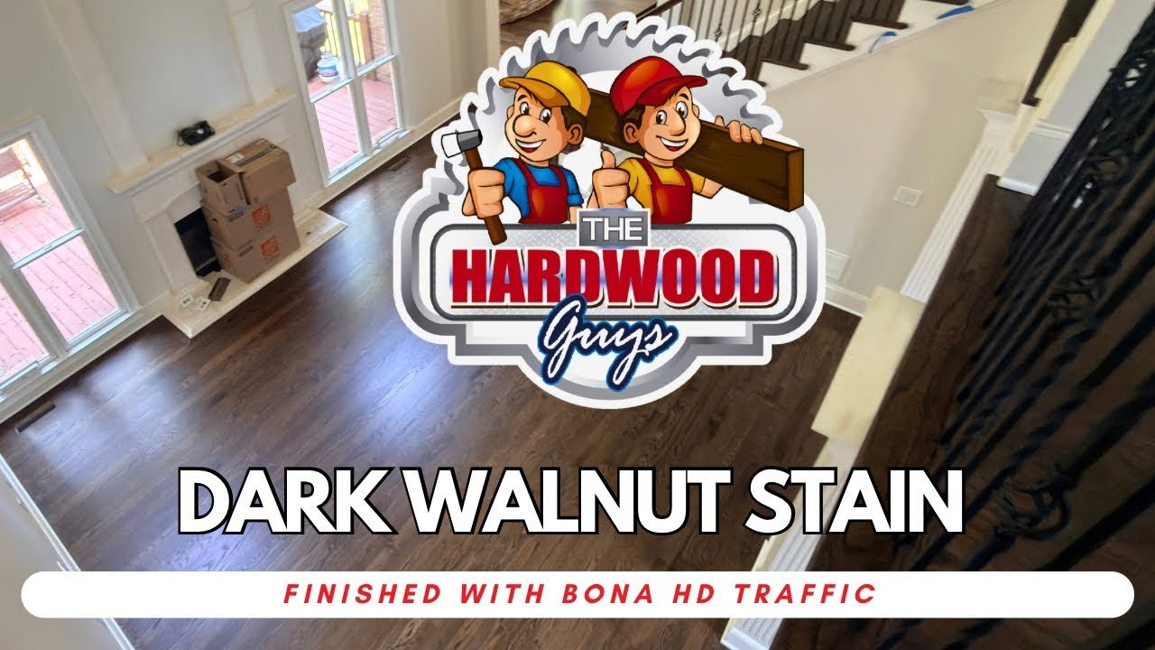 Video thumbnail: a Canton, GA Dark Walnut floor with refinished stair treads, handrails and posts